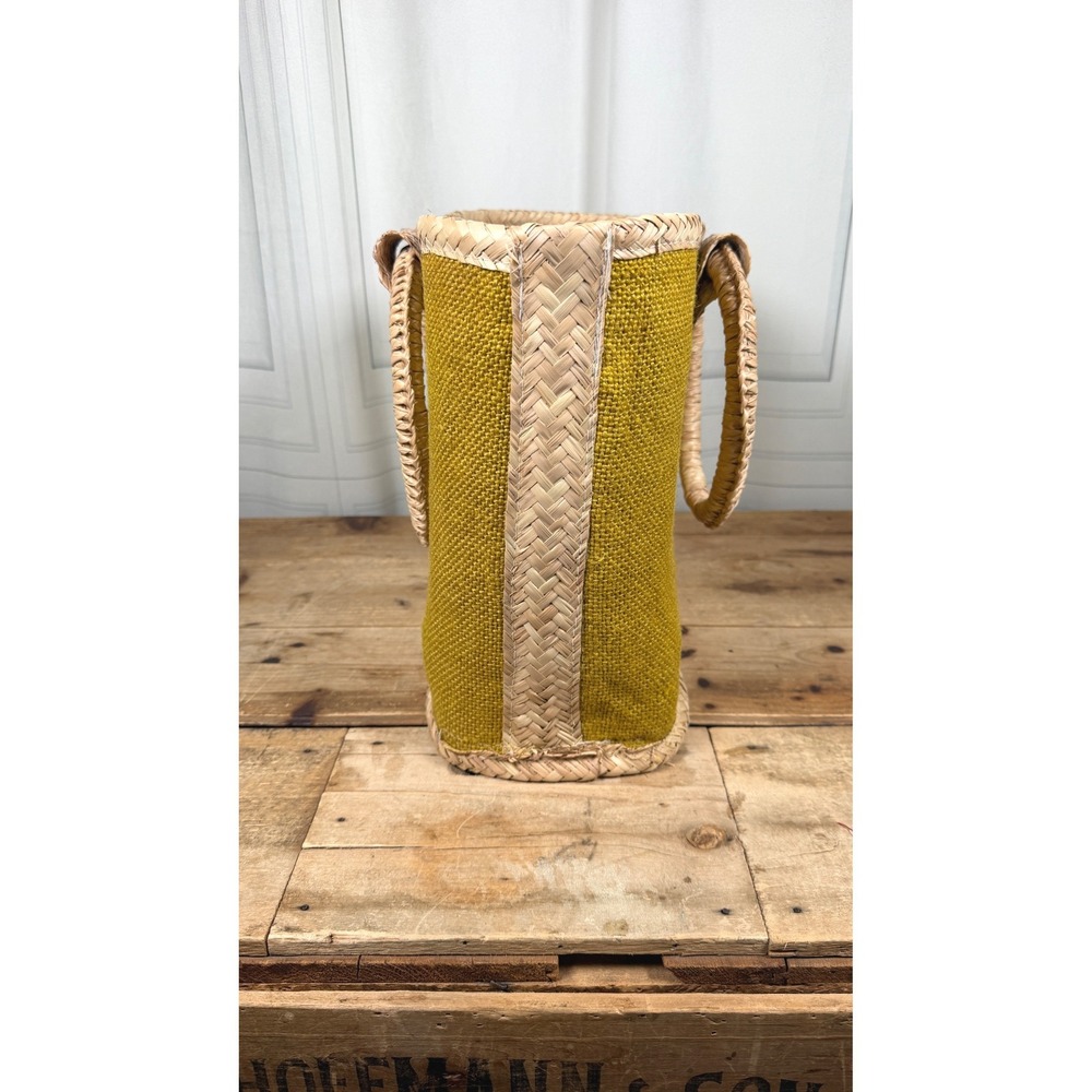 Retro Chartreuse Woven Straw & Burlap Basket Tote - Picture 5 of 15